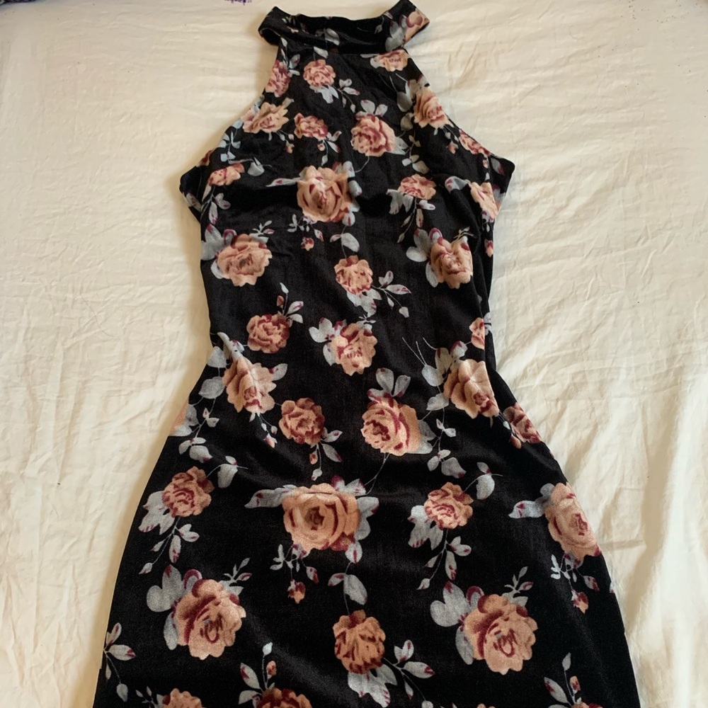 Cute Velvet Floral Mini Dress